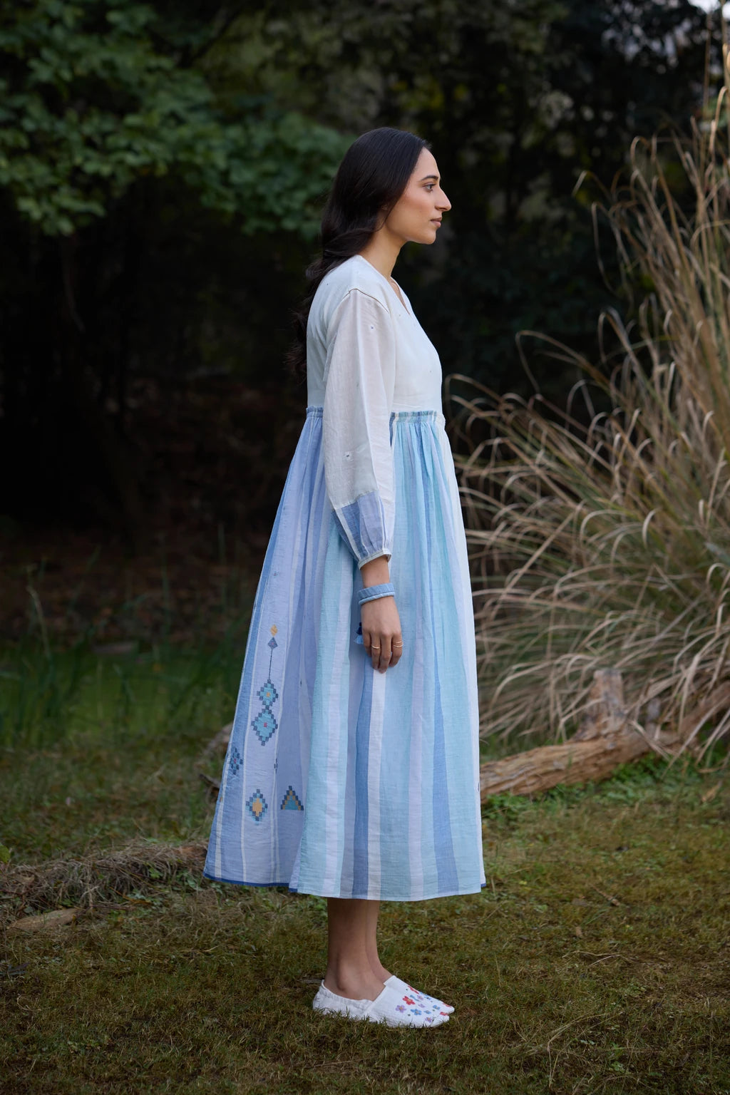 Amaya Dress — White and blue cotton Jamdani wrap dress — back view | Sarron