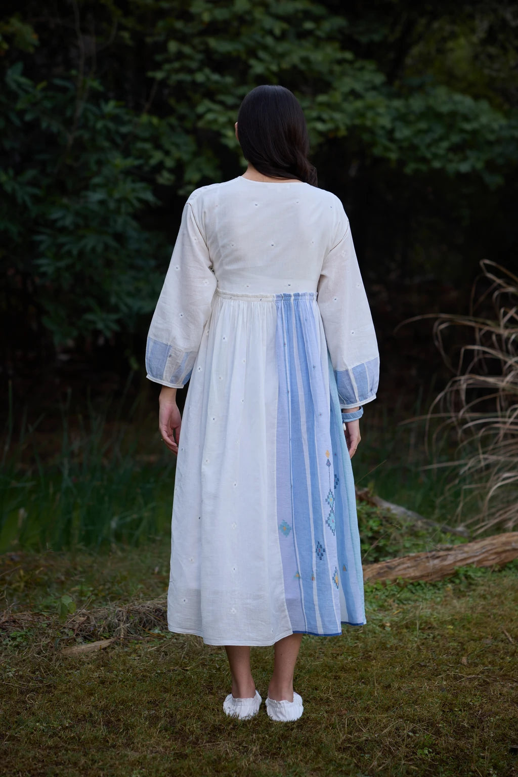 Amaya Dress — White and blue cotton Jamdani wrap dress — detail view | Sarron