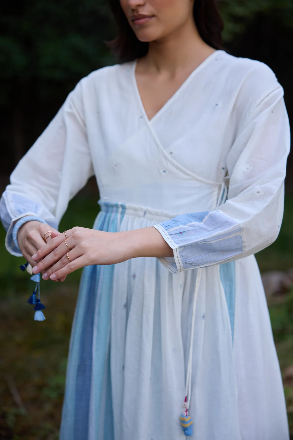 Amaya Dress — White and blue cotton Jamdani wrap dress — close-up | Sarron