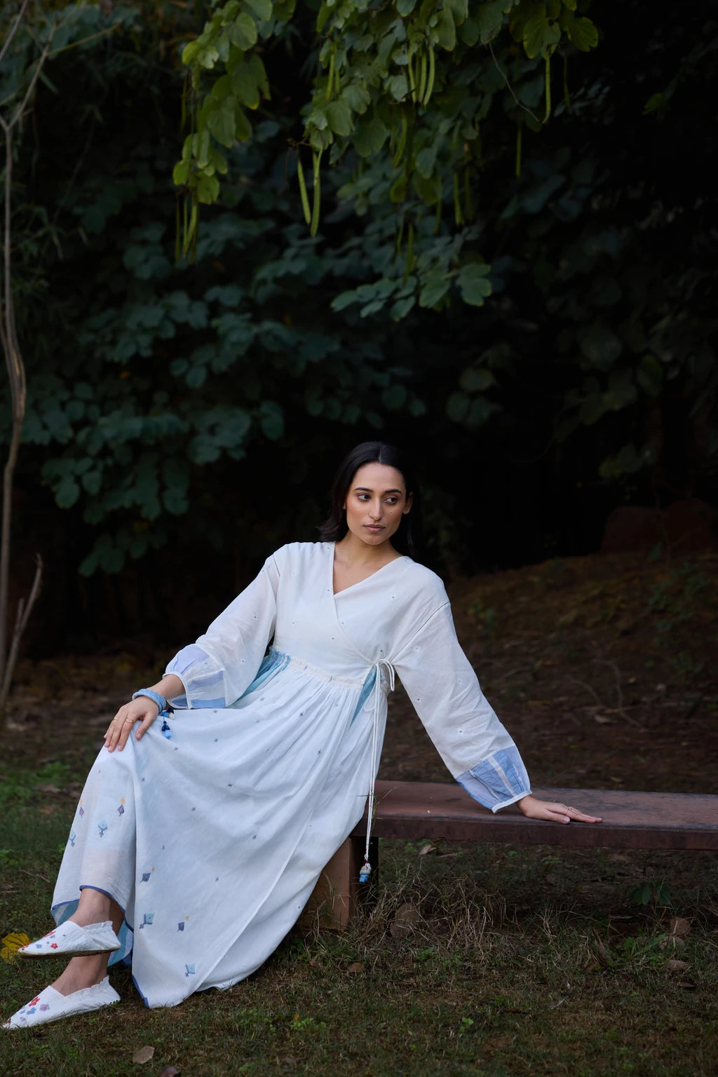 Amaya Dress — White and blue cotton Jamdani wrap dress — alternate angle | Sarron