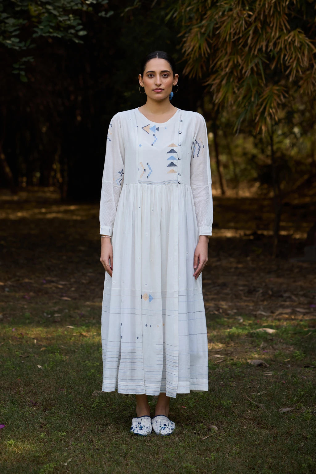 Ananta Dress — White cotton maxi patchwork Jamdani dress — front view | Sarron