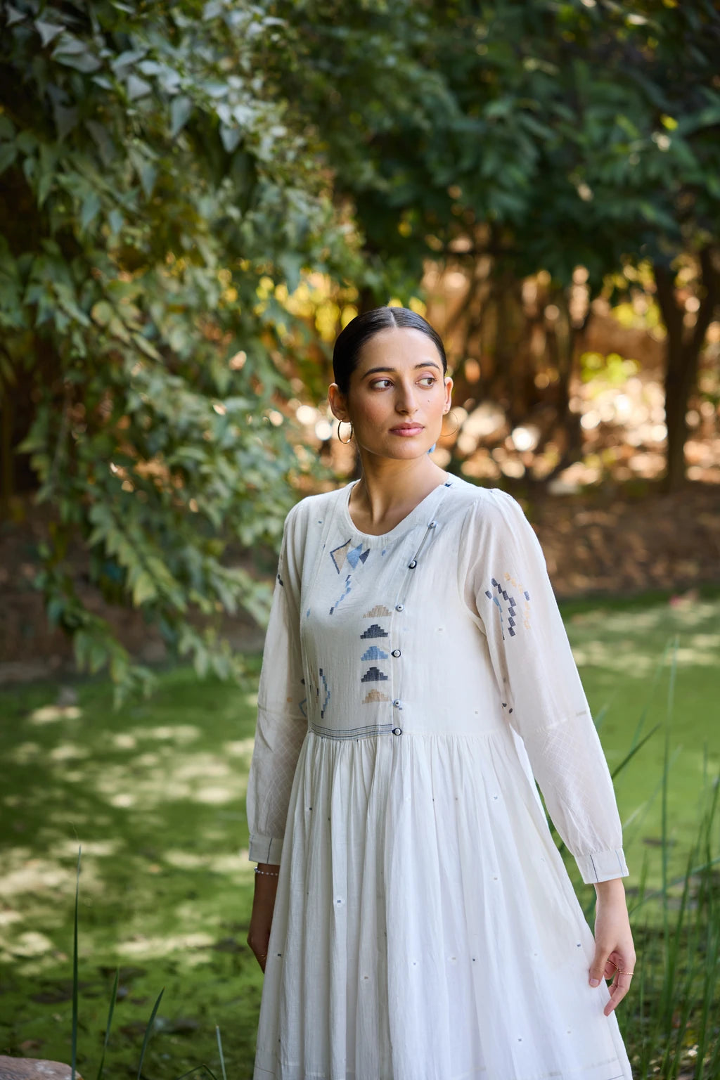 Ananta Dress — White cotton maxi patchwork Jamdani dress — flat lay | Sarron