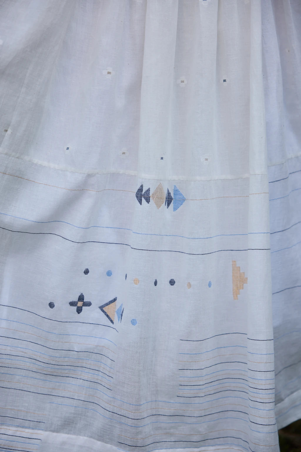 Ananta Dress — White cotton maxi patchwork Jamdani dress — styled view | Sarron