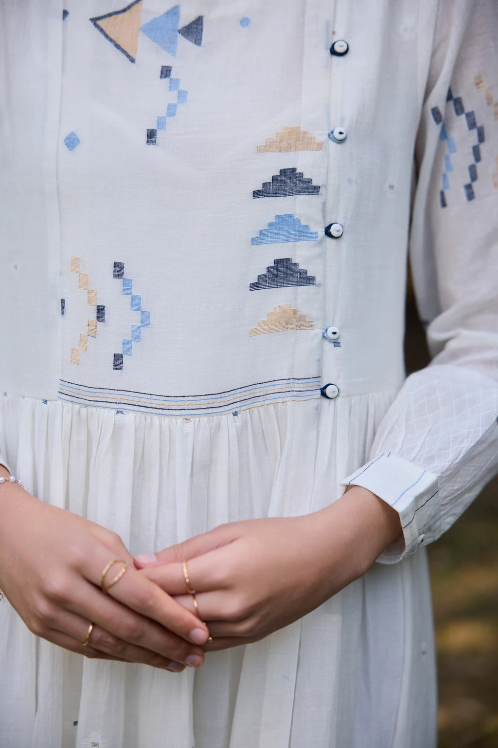 Ananta Dress — White cotton maxi patchwork Jamdani dress — fabric detail | Sarron