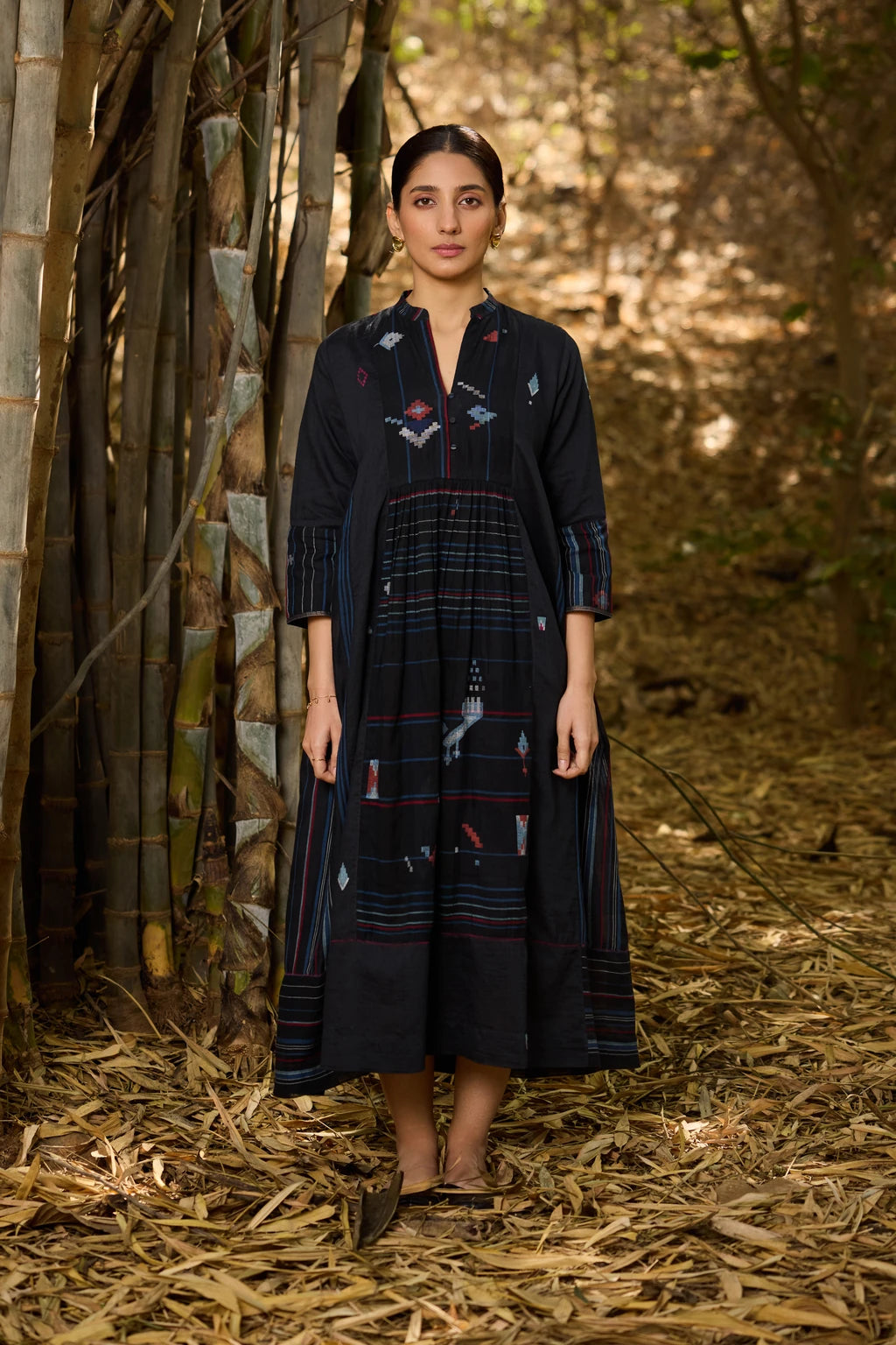 Anjana Dress — jamdani silk cotton dress — front view | Sarron