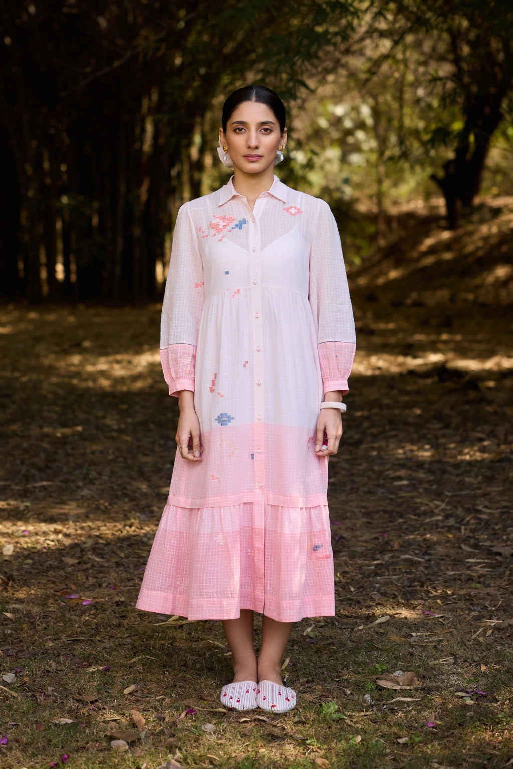 Ansha Dress — Pink ombré striped Jamdani tiered dress — front view | Sarron