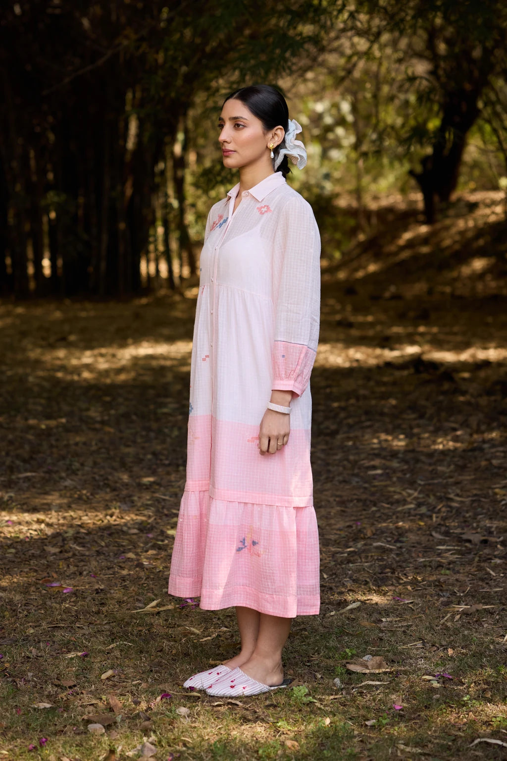 Ansha Dress — Pink ombré striped Jamdani tiered dress — side view | Sarron