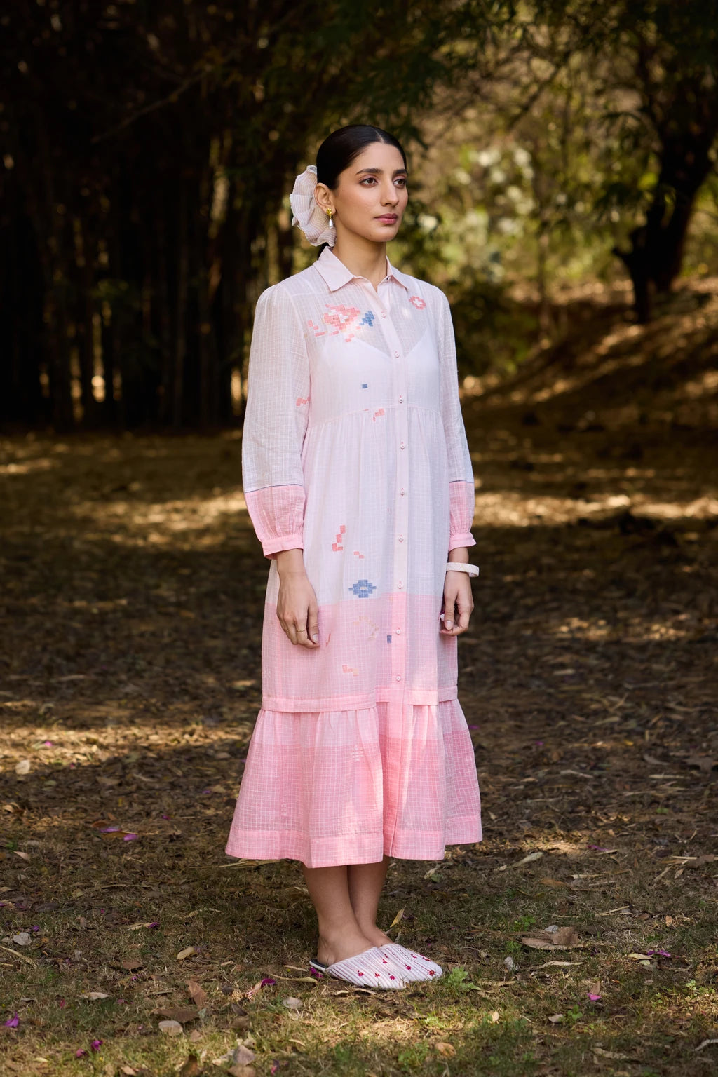 Ansha Dress — Pink ombré striped Jamdani tiered dress — back view | Sarron