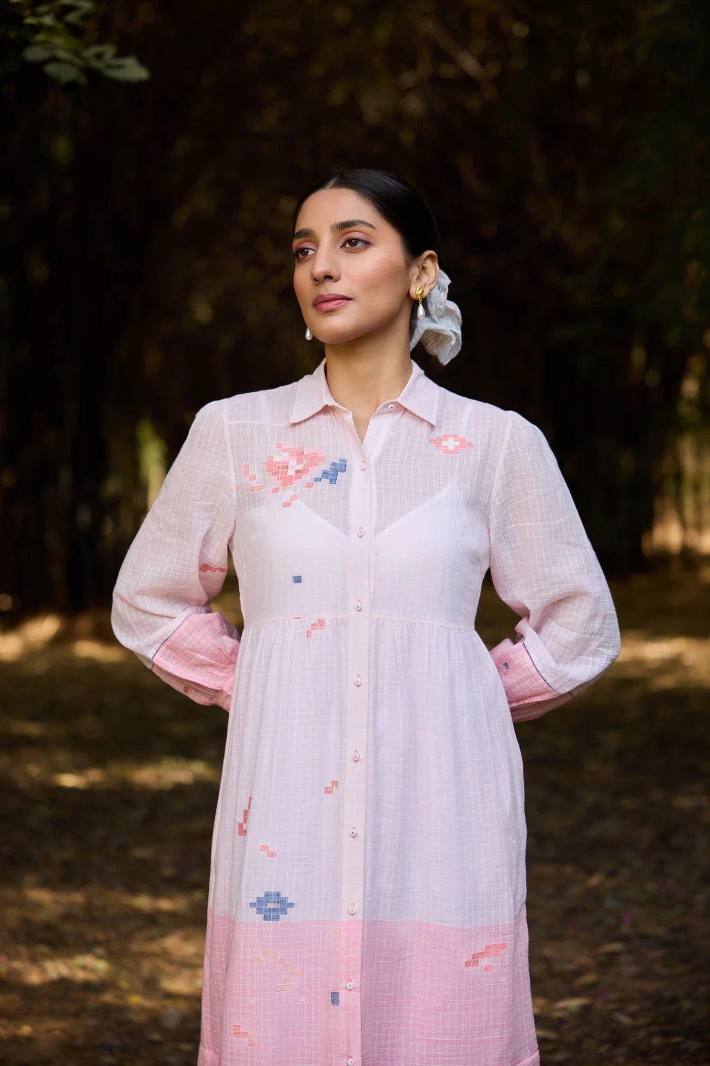 Ansha Dress — Pink ombré striped Jamdani tiered dress — close-up | Sarron