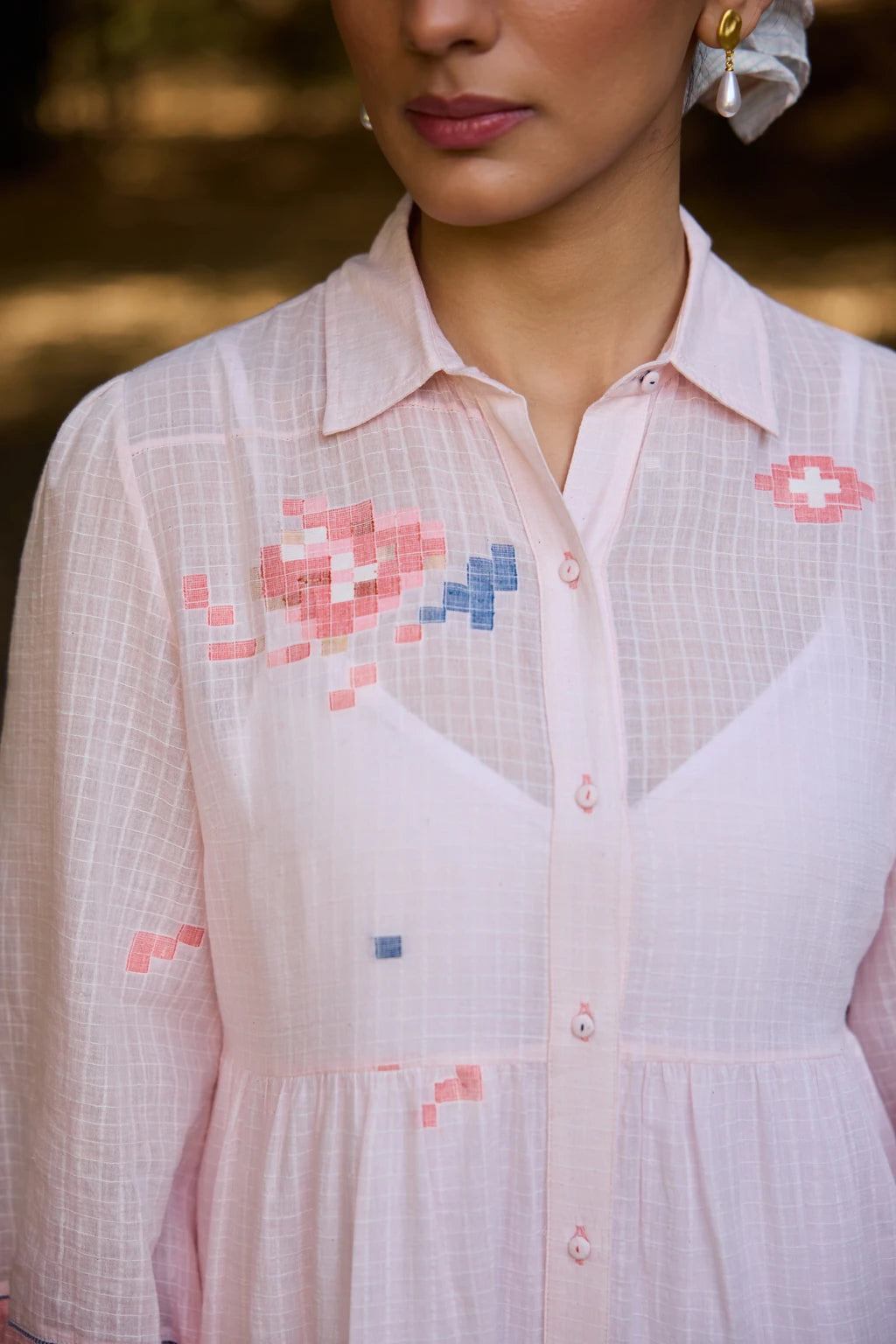 Ansha Dress — Pink ombré striped Jamdani tiered dress — styled view | Sarron