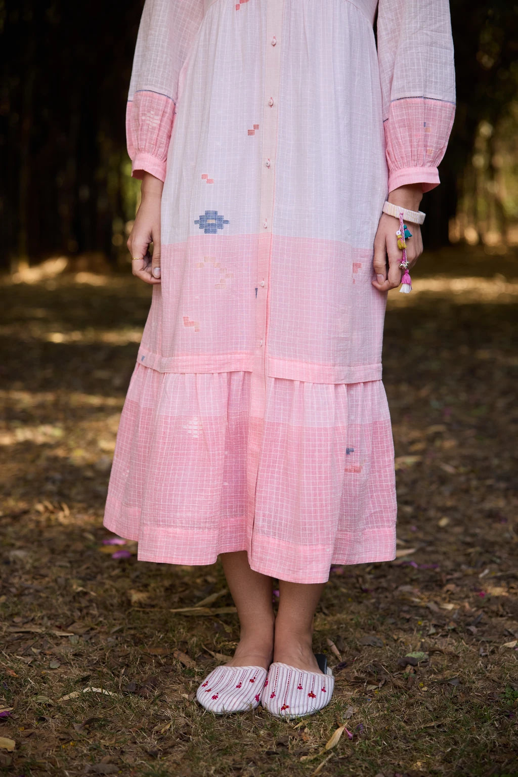 Ansha Dress — Pink ombré striped Jamdani tiered dress — fabric detail | Sarron