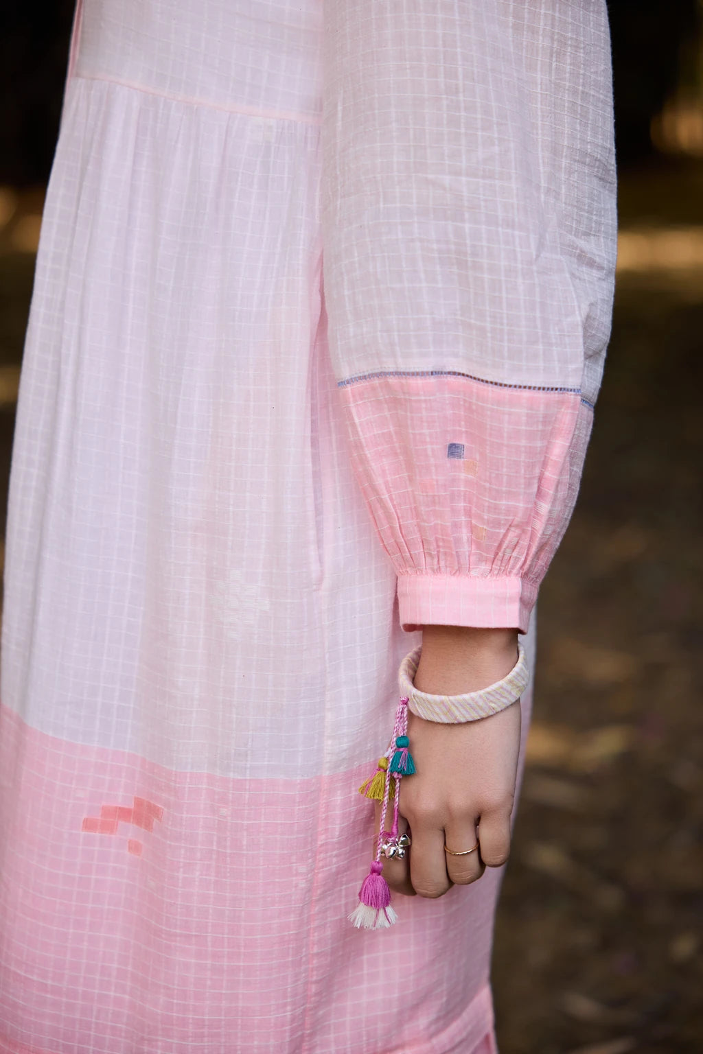 Ansha Dress — Pink ombré striped Jamdani tiered dress — full length | Sarron