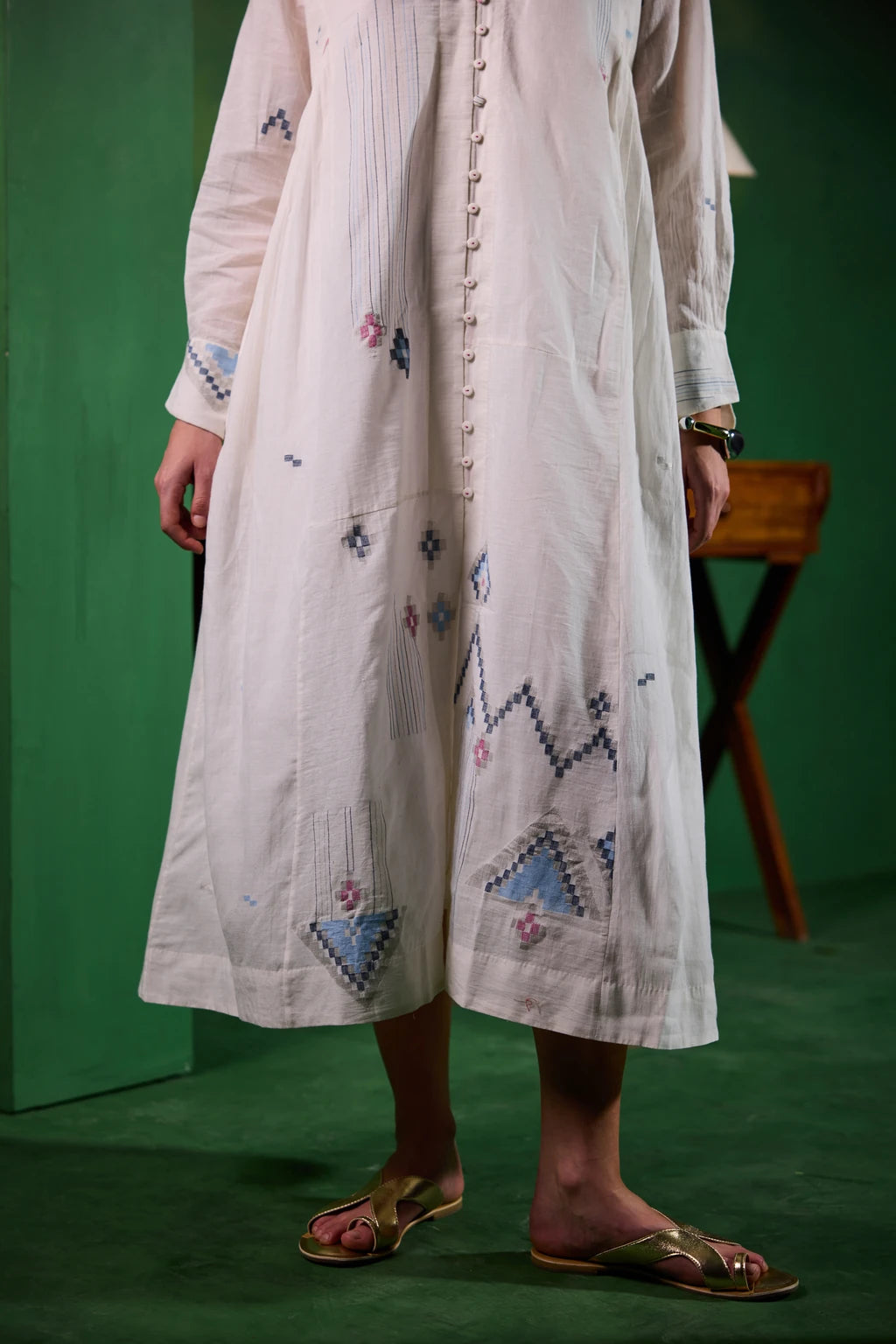 Anu Dress — Off-white handloom cotton Jamdani shirt dress — styled view | Sarron