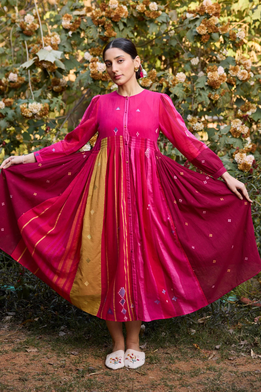 white christmas dresses Esha Dress — Fuchsia Pink Cotton Jamdani Patchwork Dress