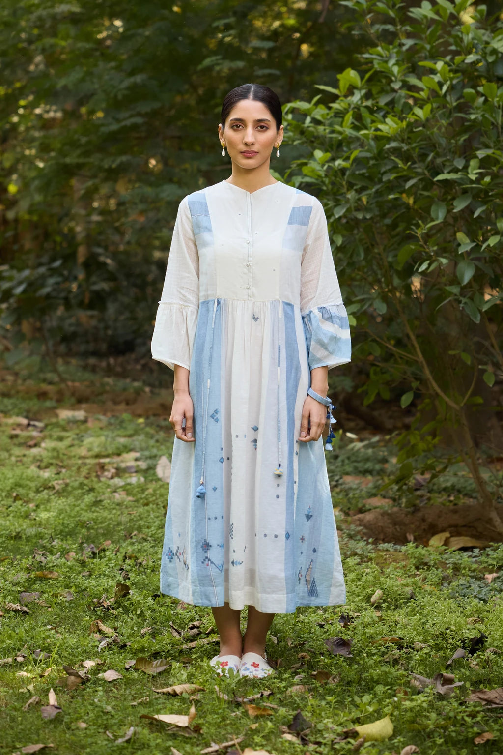 Kaaya Dress — White and blue patchwork Jamdani dress — front view | Sarron