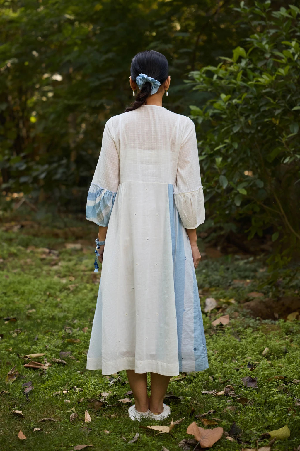 Kaaya Dress — White and blue patchwork Jamdani dress — detail view | Sarron