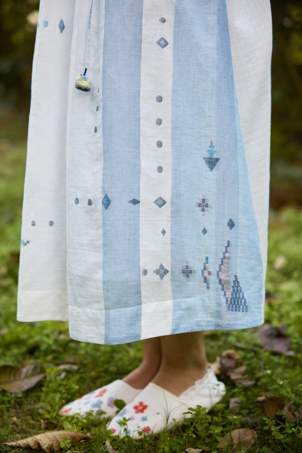 Kaaya Dress — White and blue patchwork Jamdani dress — styled view | Sarron