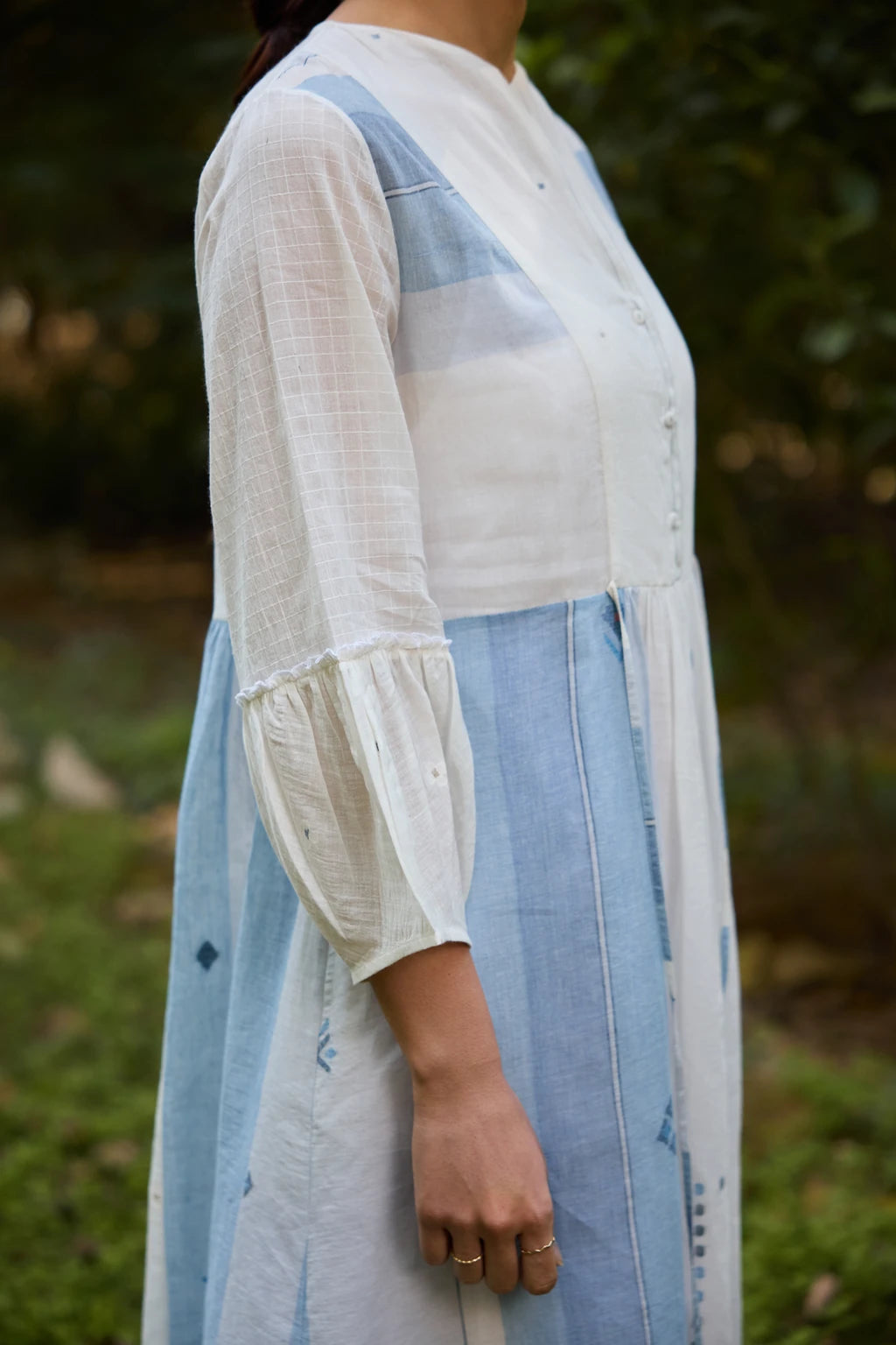 Kaaya Dress — White and blue patchwork Jamdani dress — fabric detail | Sarron
