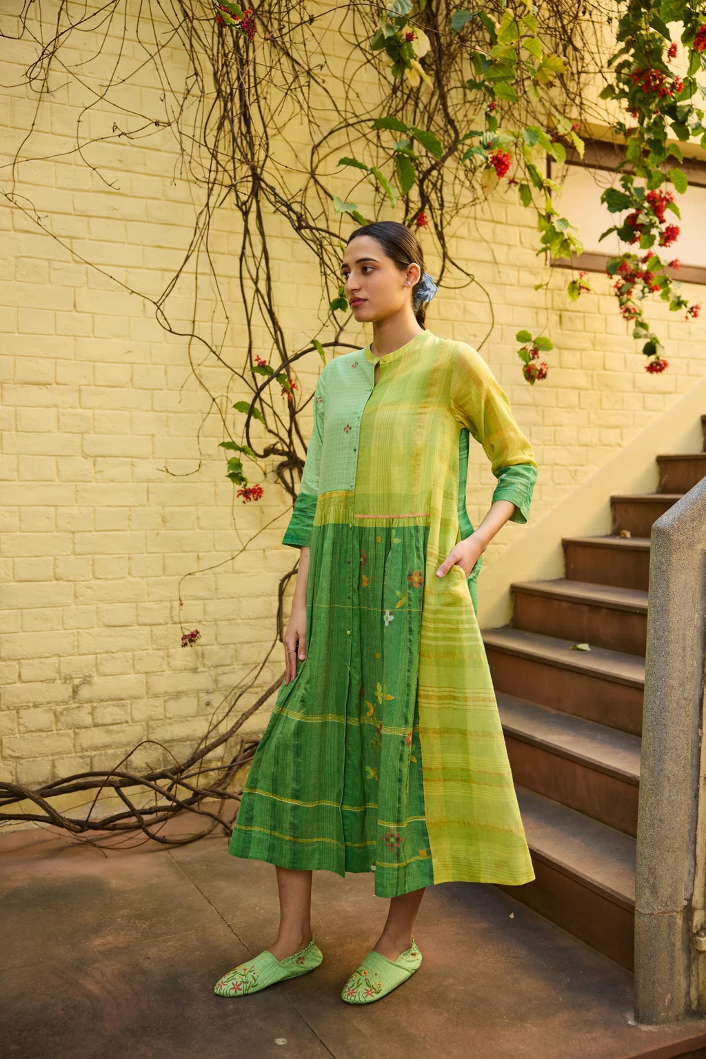 Kiran Dress — Green and yellow patchwork Jamdani dress — flat lay | Sarron