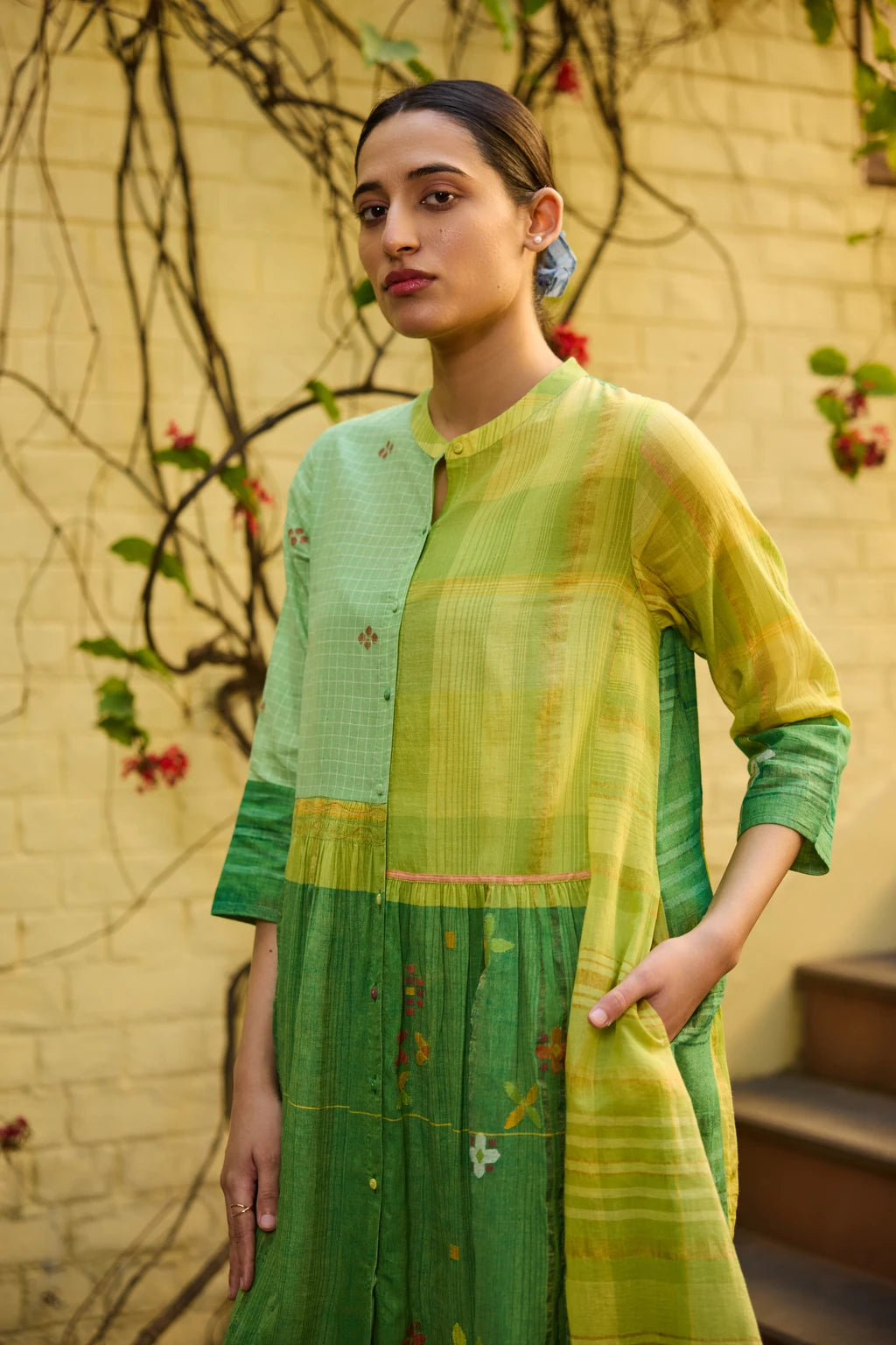 Kiran Dress — Green and yellow patchwork Jamdani dress — lifestyle | Sarron