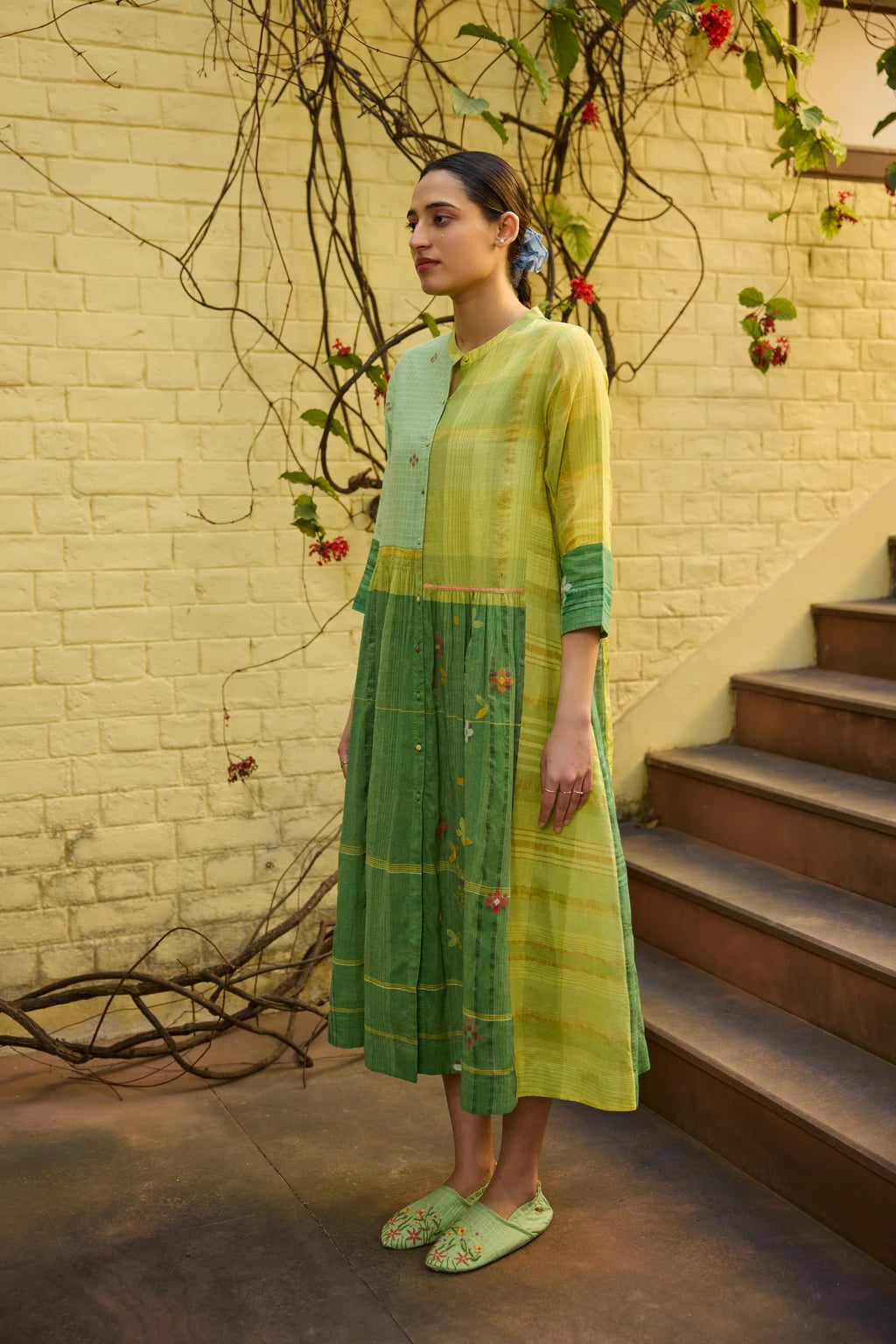 Kiran Dress — Green and yellow patchwork Jamdani dress — side view | Sarron