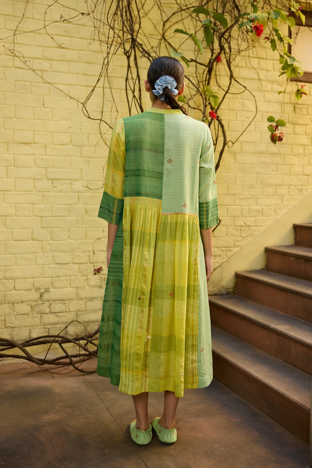 Kiran Dress — Green and yellow patchwork Jamdani dress — detail view | Sarron