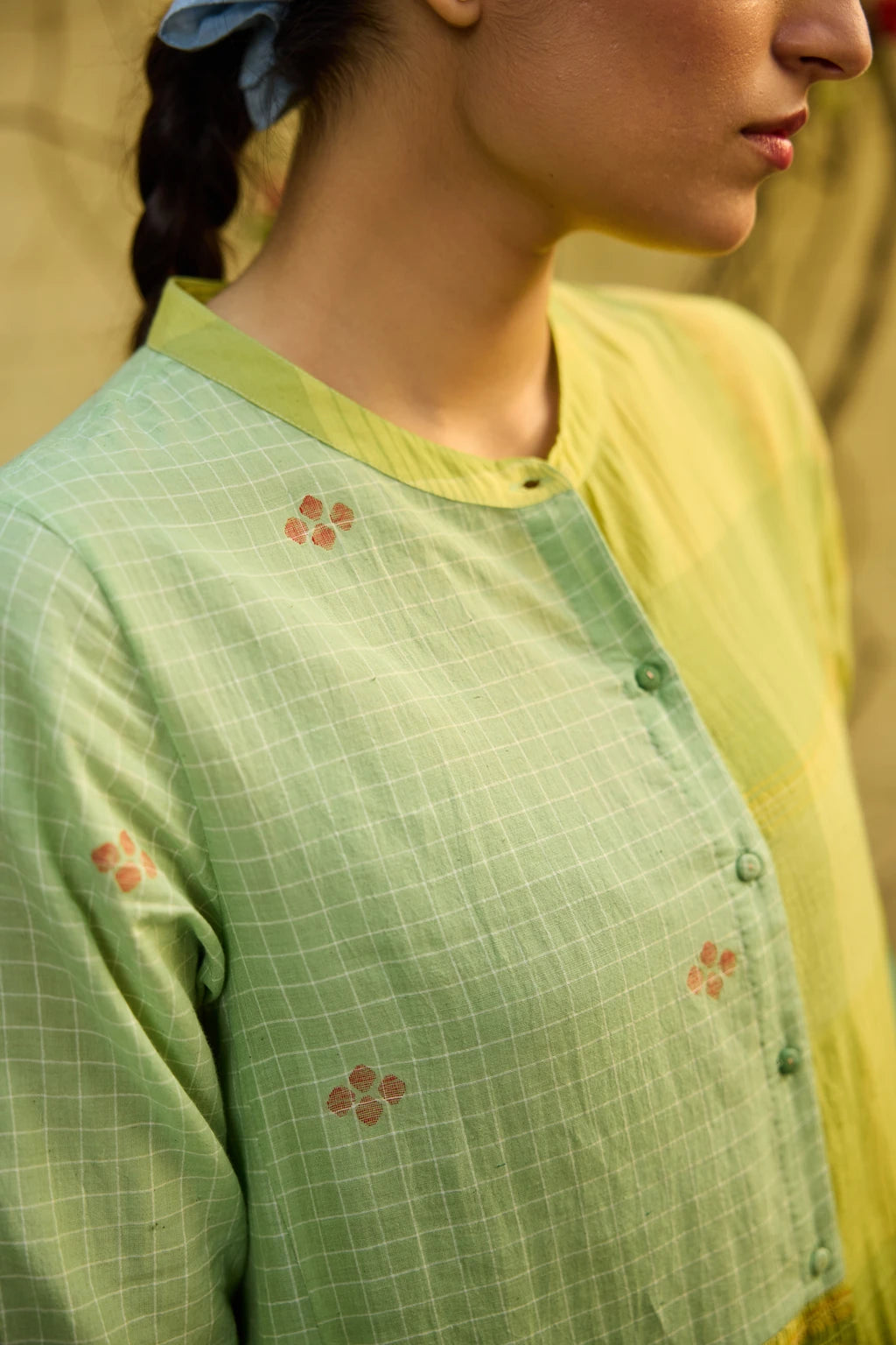 Kiran Dress — Green and yellow patchwork Jamdani dress — close-up | Sarron