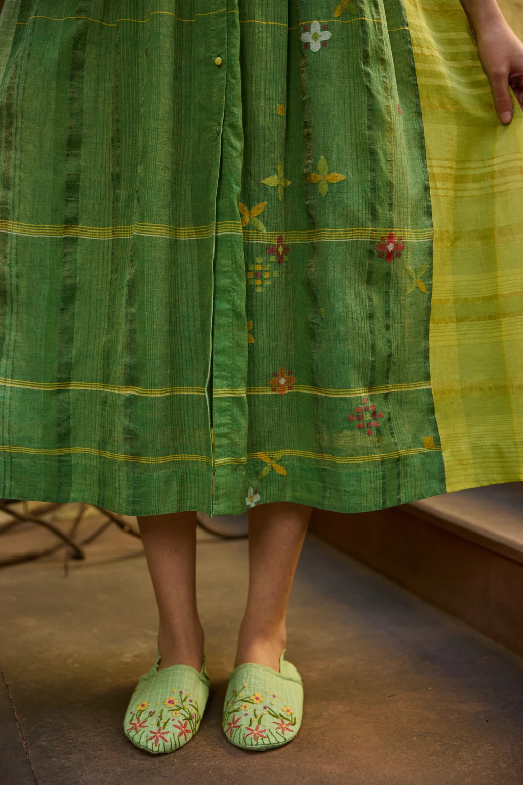 Kiran Dress — Green and yellow patchwork Jamdani dress — fabric detail | Sarron