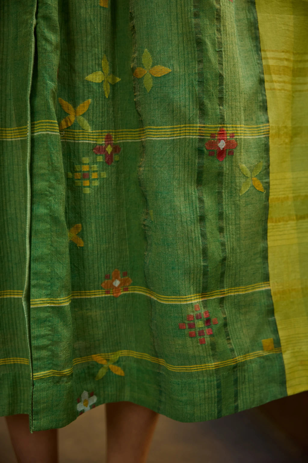 Kiran Dress — Green and yellow patchwork Jamdani dress — full length | Sarron
