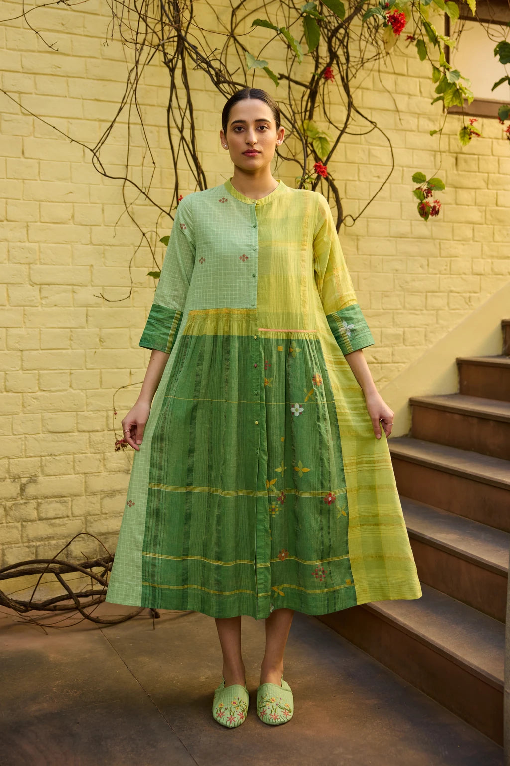 Kiran Dress — Green and yellow patchwork Jamdani dress — alternate angle | Sarron