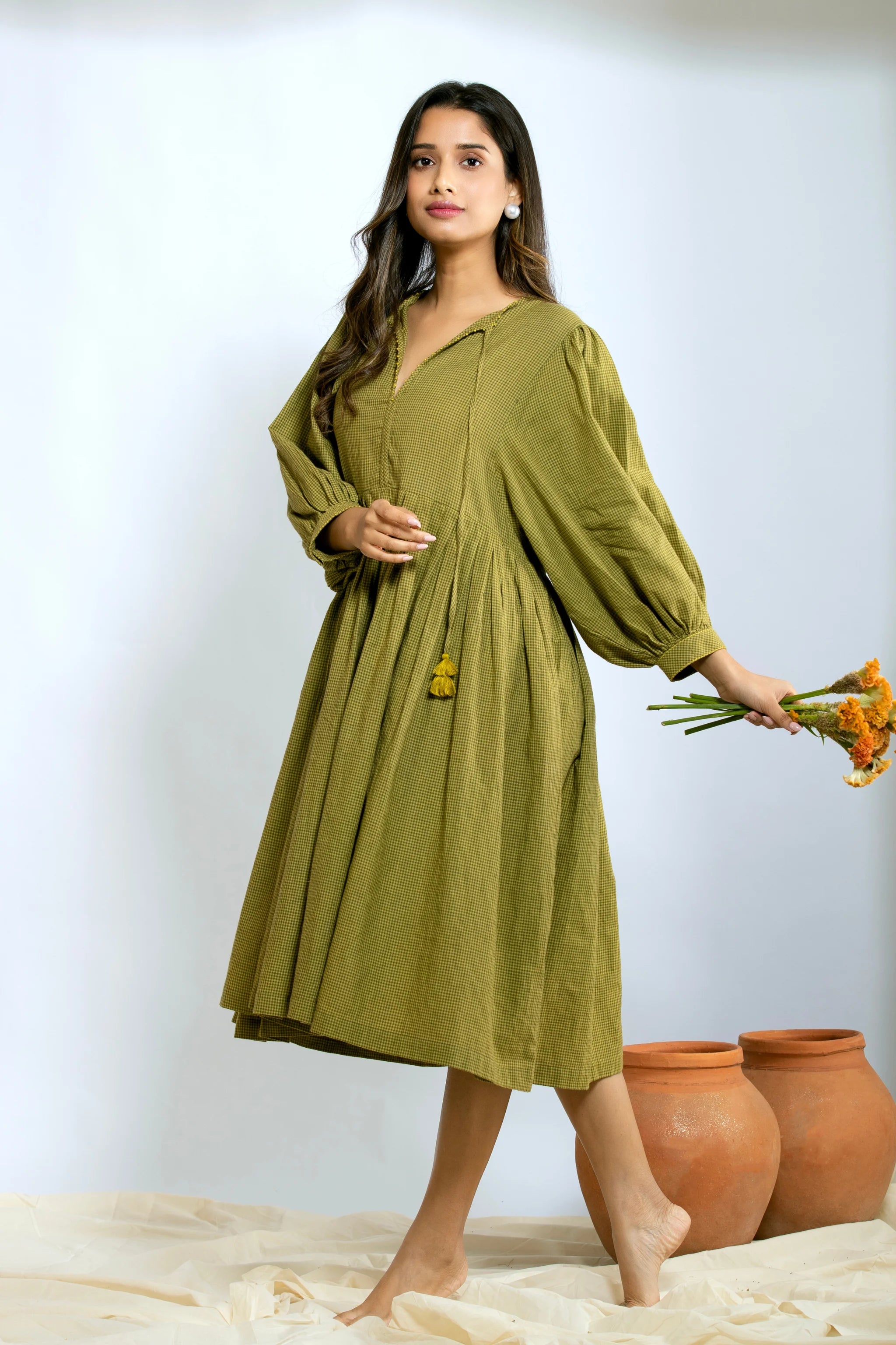 Leher Midi Dress - Mustard Green