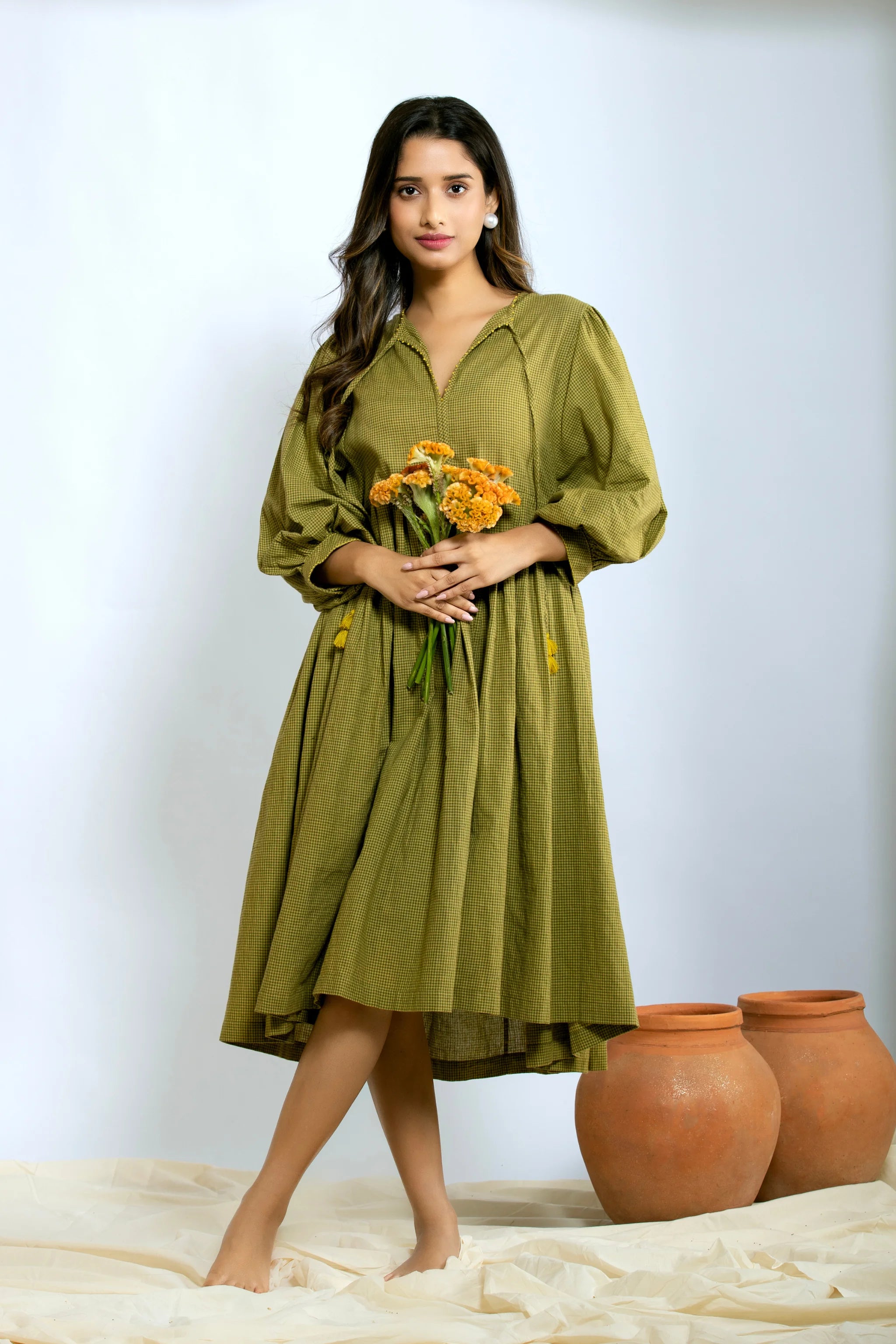 Leher Midi Dress - Mustard Green