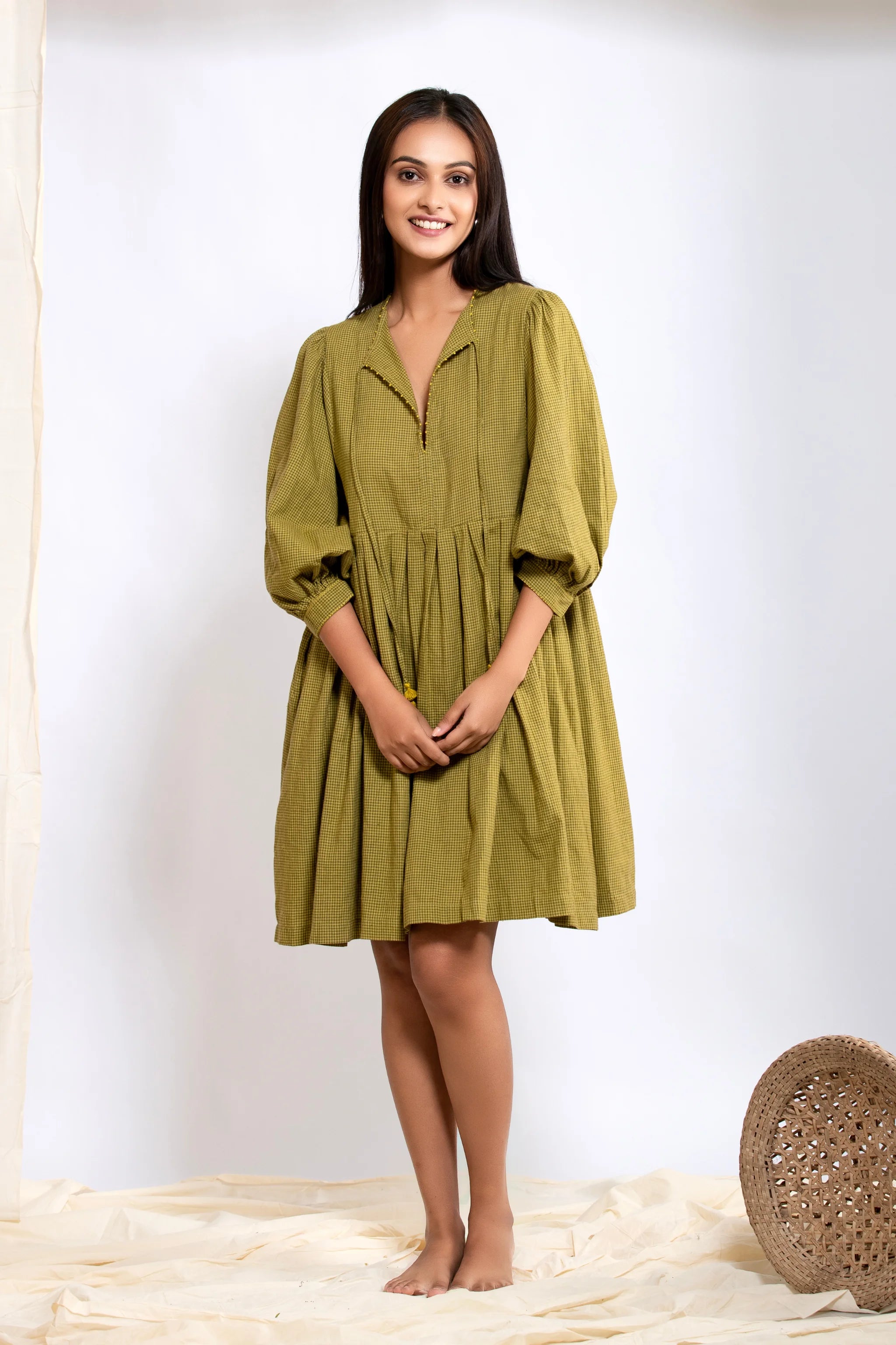 Leher Mini Dress - Mustard Green