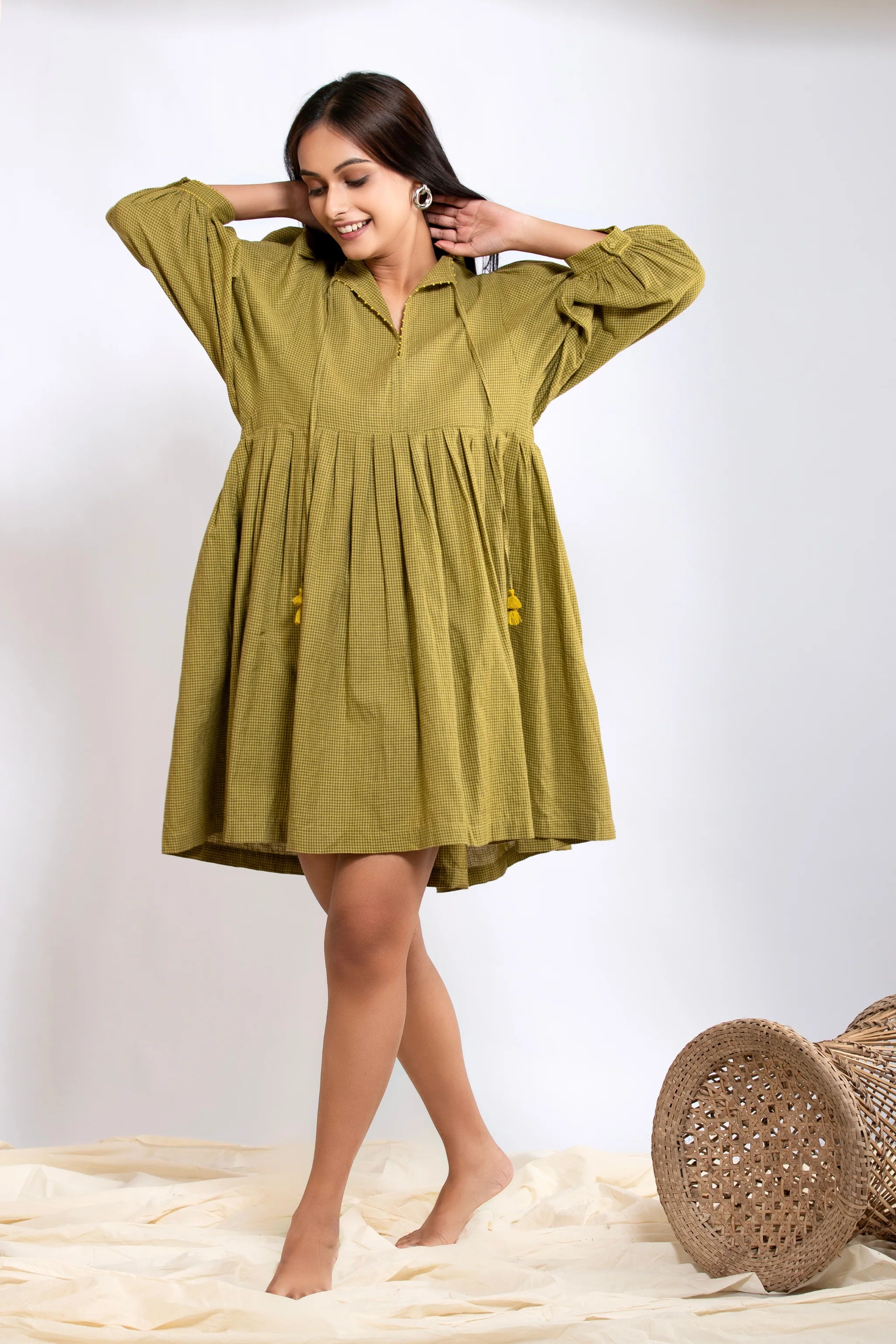 Leher Mini Dress - Mustard Green