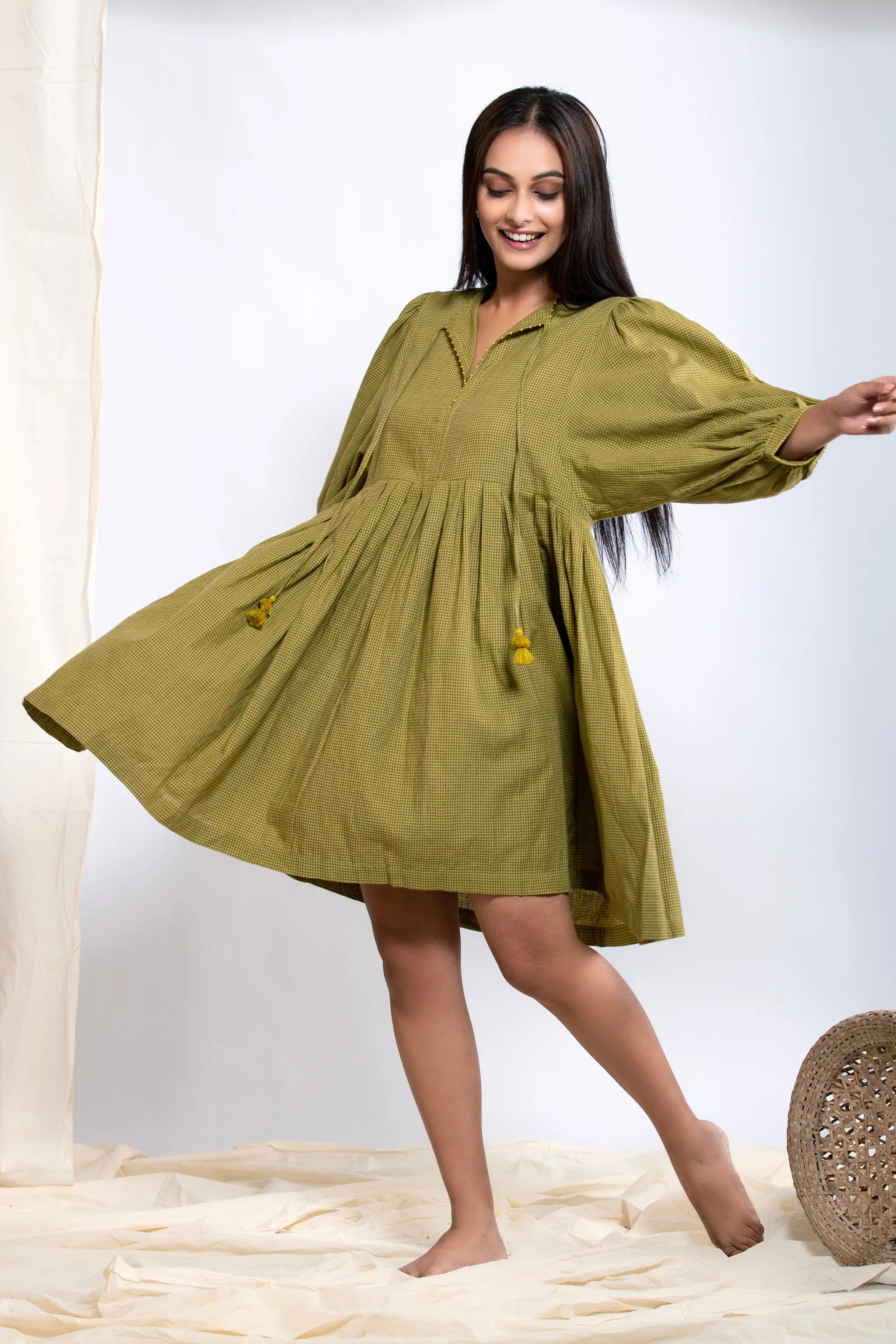 Leher Mini Dress - Mustard Green