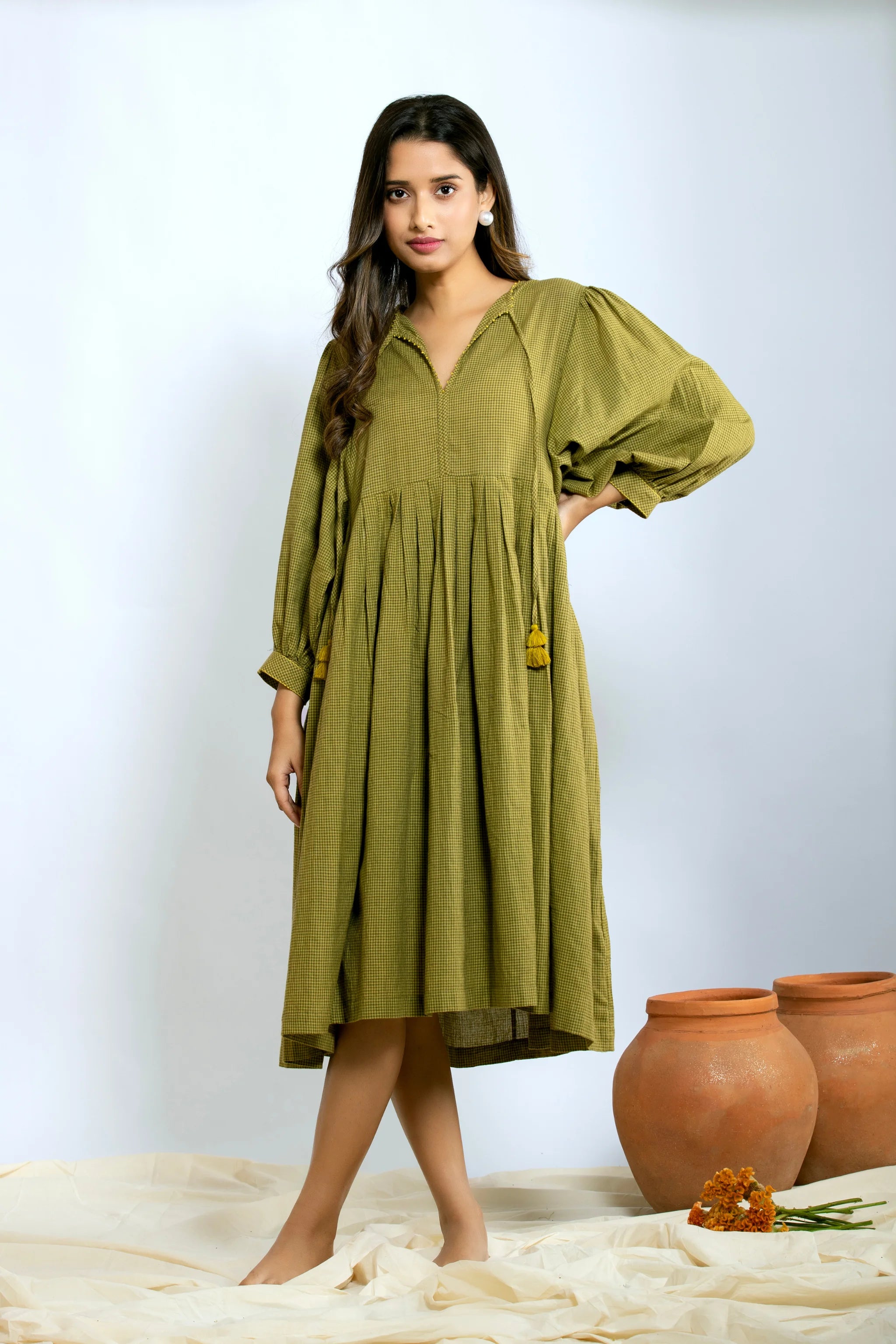 Leher Midi Dress - Mustard Green