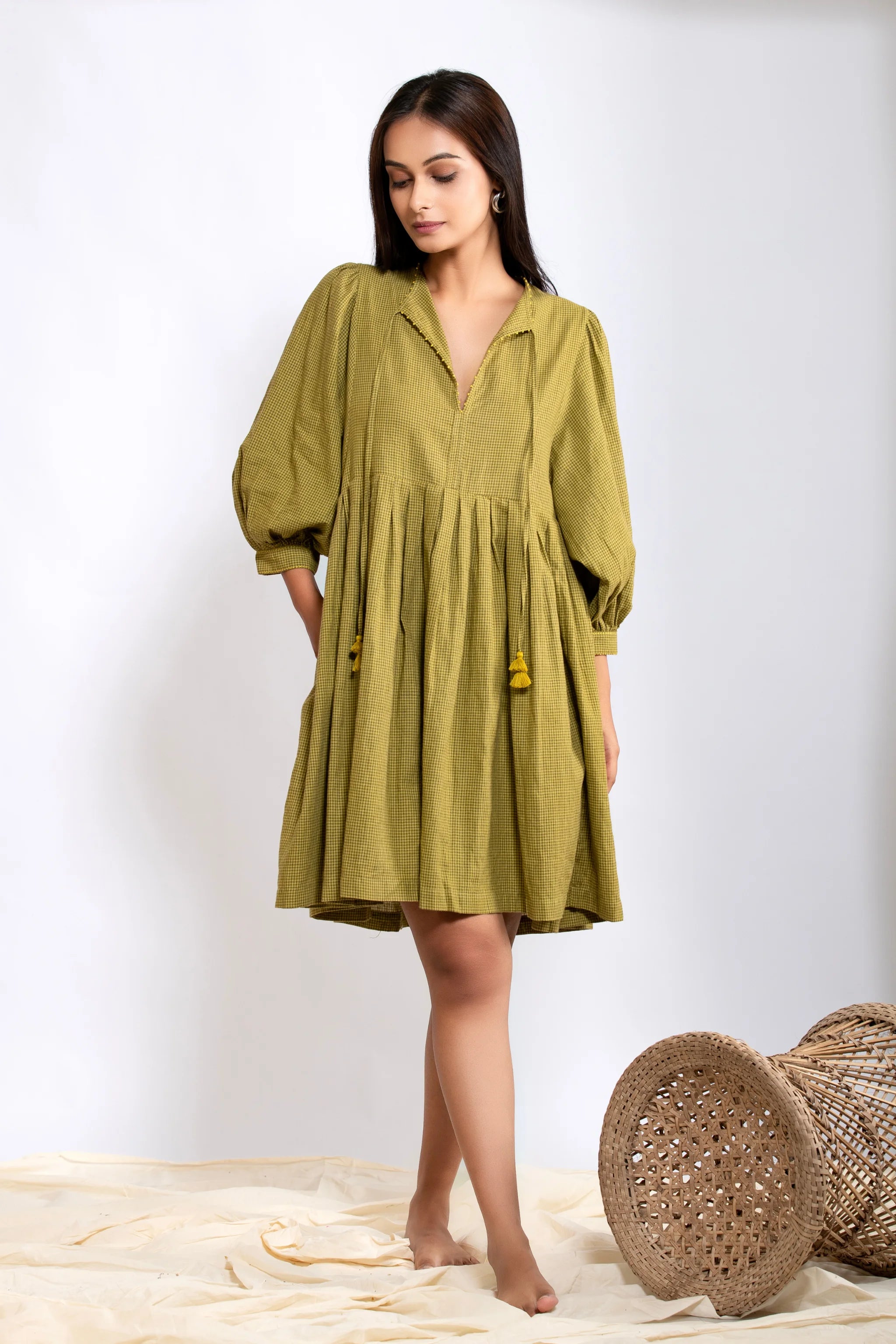 Leher Mini Dress - Mustard Green