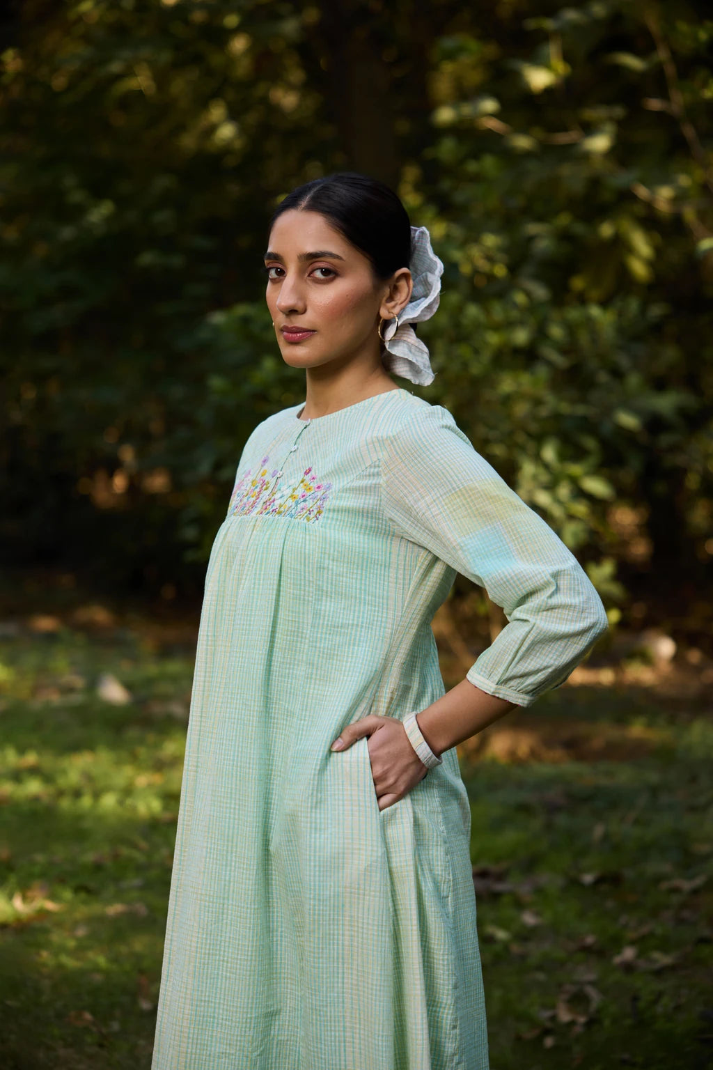 Mana Dress — Mint green hand-block printed cotton dress — back view | Sarron