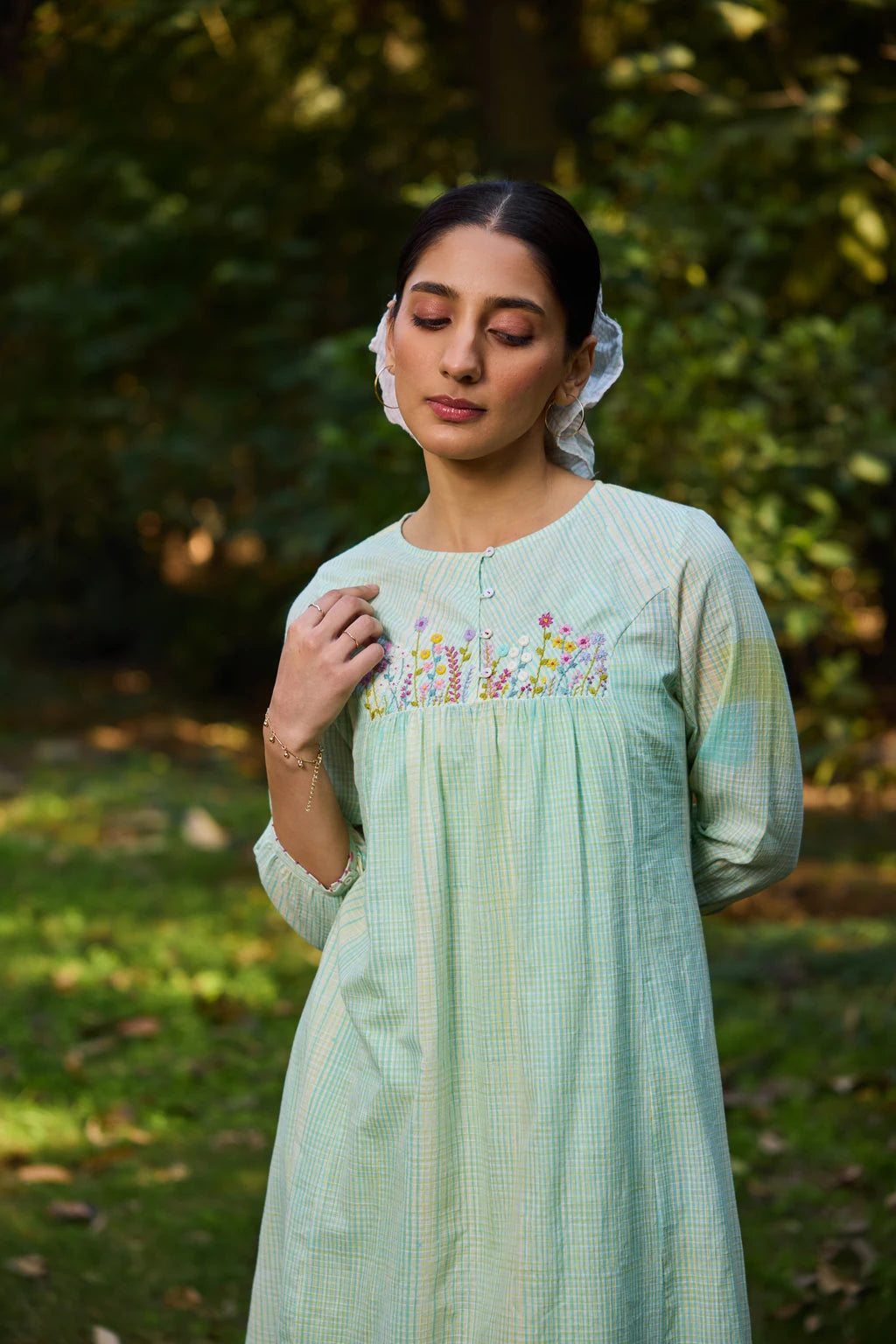 Mana Dress — Mint green hand-block printed cotton dress — fabric detail | Sarron