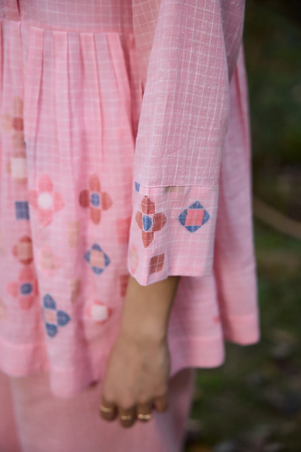 Mila Set — Pink checkered Jamdani cotton co-ord set — styled view | Sarron