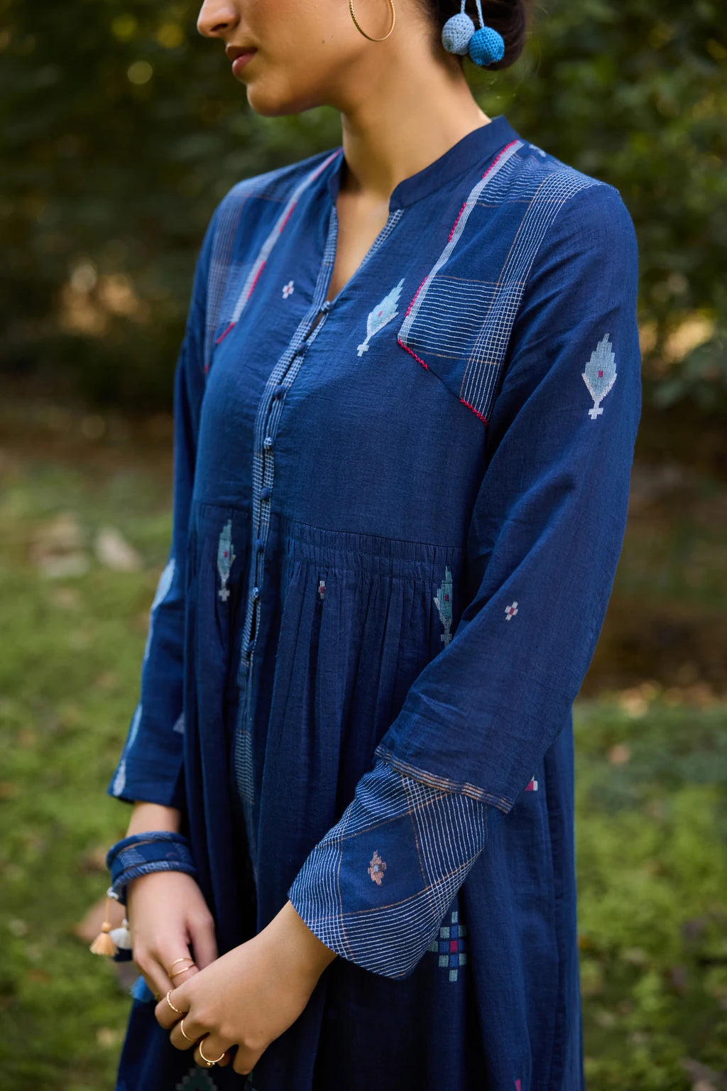 Nimi Dress — Deep indigo blue silk cotton Jamdani dress — flat lay | Sarron