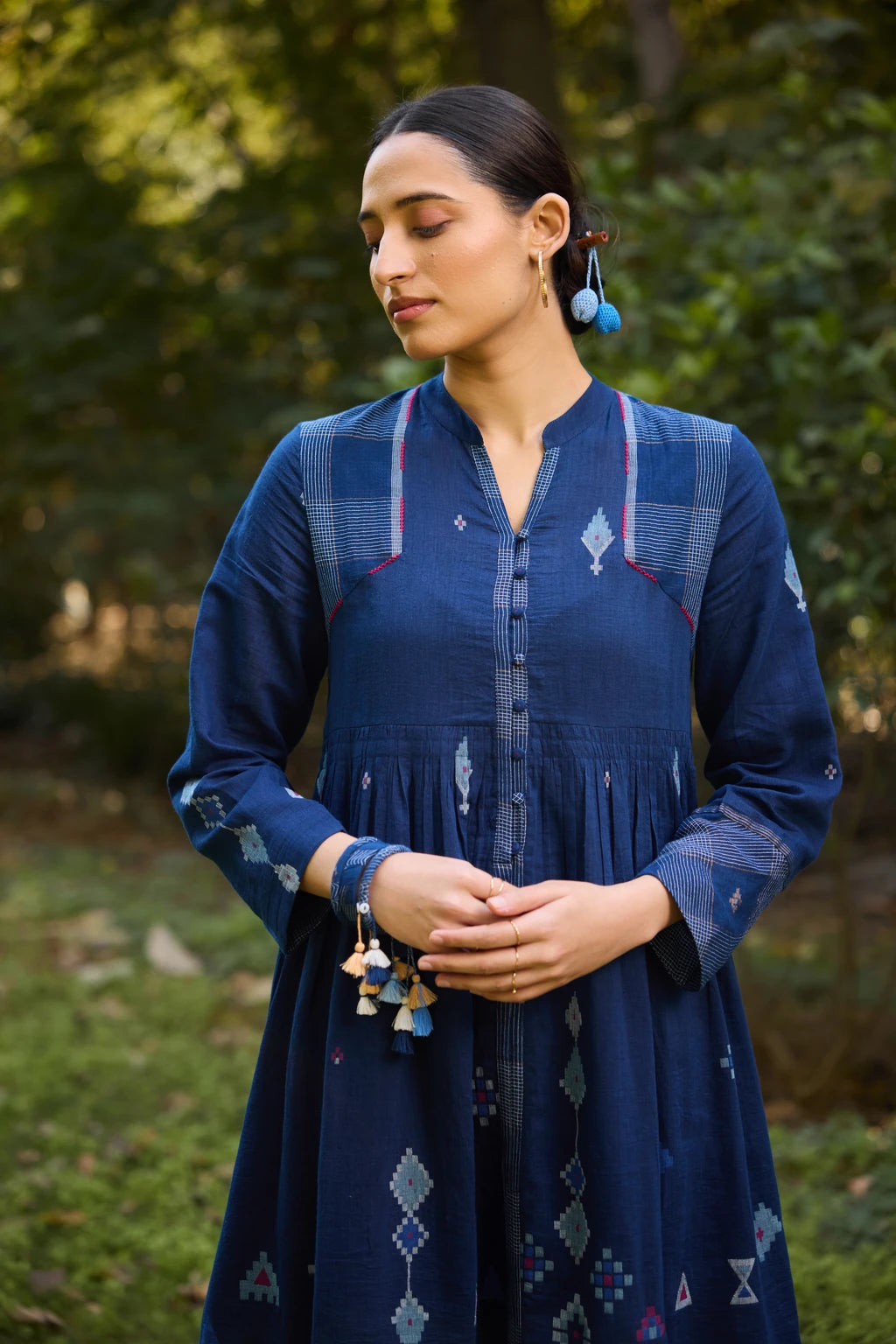 Nimi Dress — Deep indigo blue silk cotton Jamdani dress — styled view | Sarron