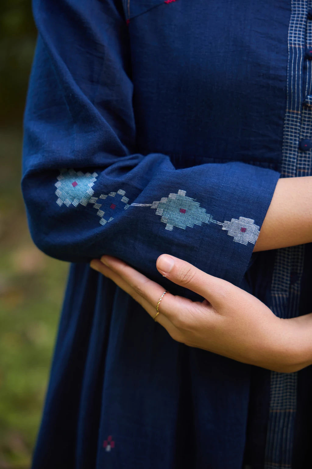 Nimi Dress — Deep indigo blue silk cotton Jamdani dress — full length | Sarron