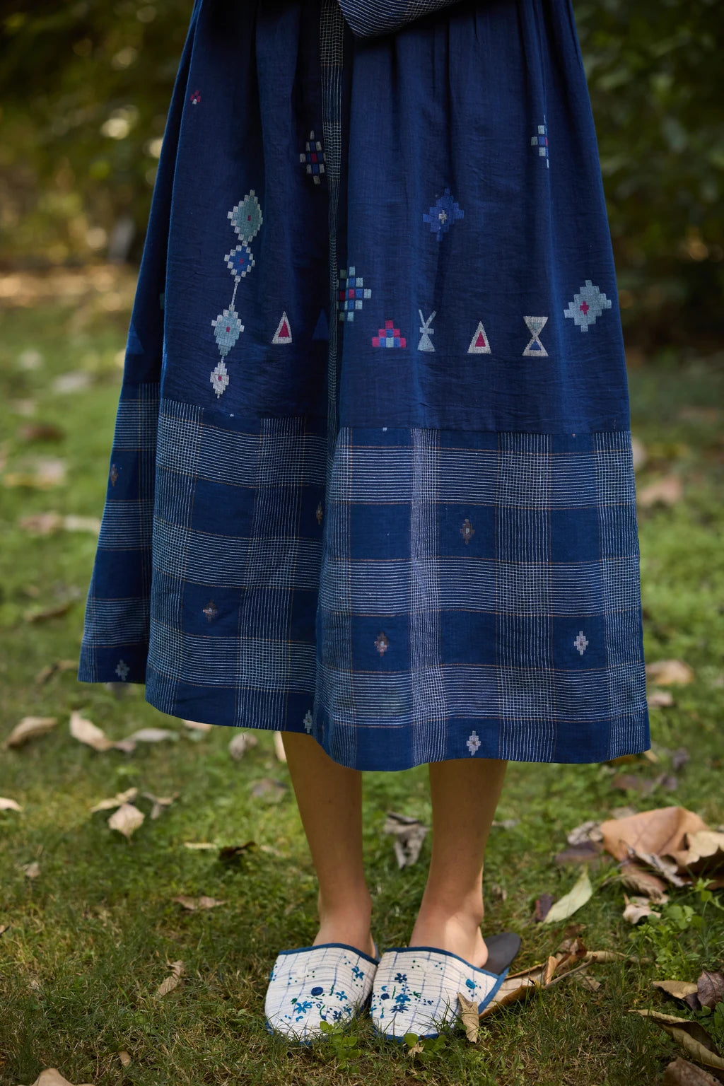 Nimi Dress — Deep indigo blue silk cotton Jamdani dress — alternate angle | Sarron