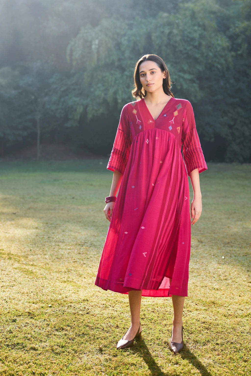Raga Dress — jamdani cotton dress — lifestyle shot | Sarron