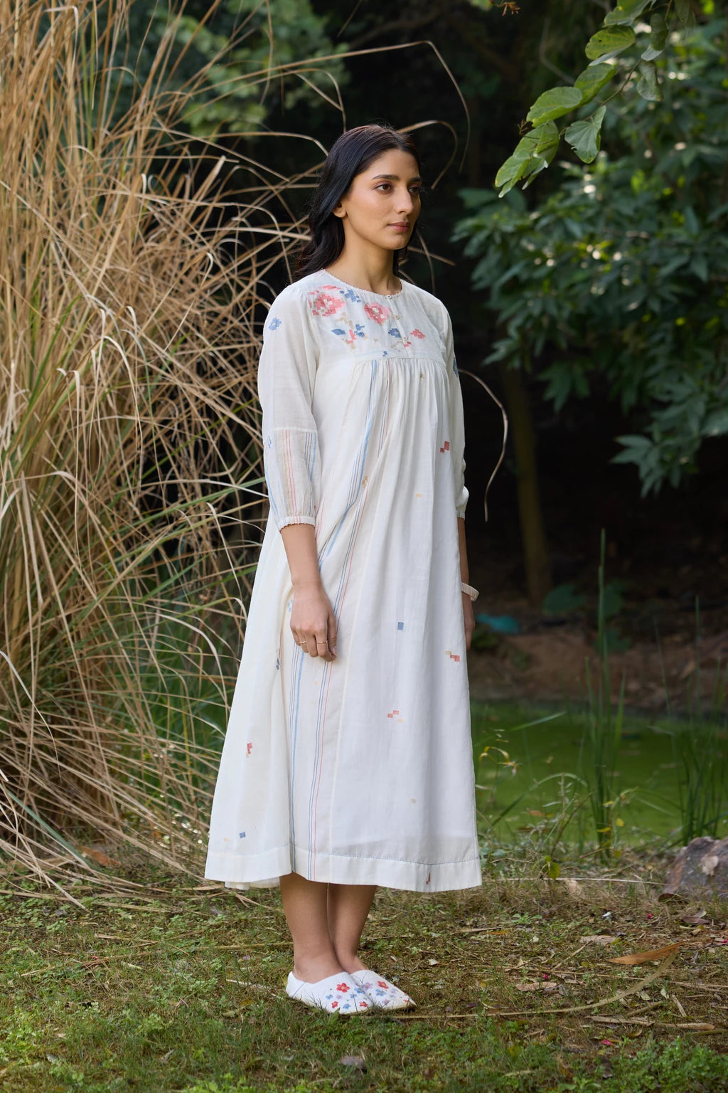 Soma Dress — White handloom cotton Jamdani dress with floral yoke — back view | Sarron
