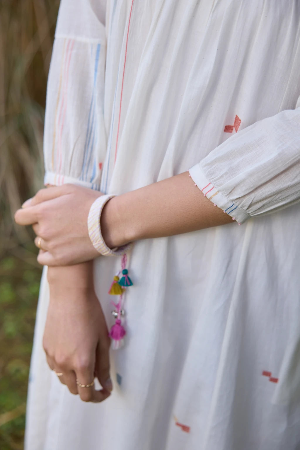 Soma Dress — White handloom cotton Jamdani dress with floral yoke — full length | Sarron