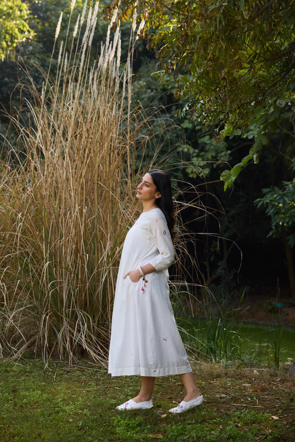 Soma Dress — White handloom cotton Jamdani dress with floral yoke — alternate angle | Sarron