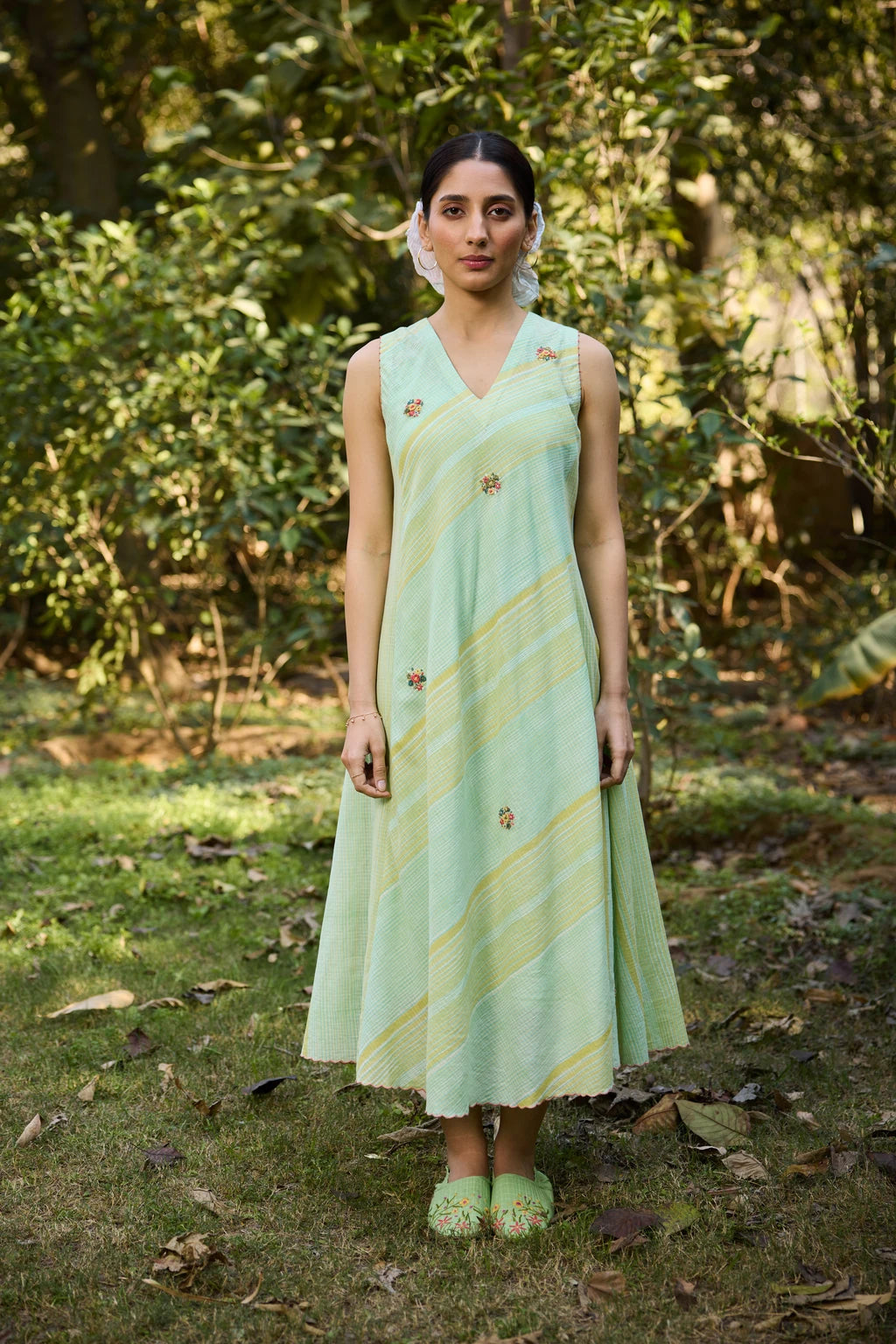 Vana Dress — Mint green and yellow hand-block printed dress — front view | Sarron