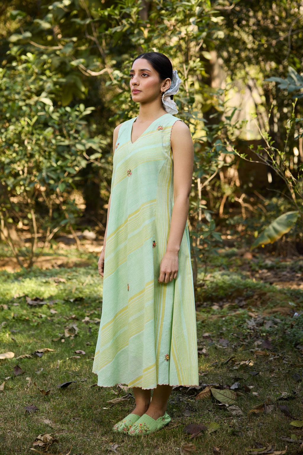 Vana Dress — Mint green and yellow hand-block printed dress — side view | Sarron
